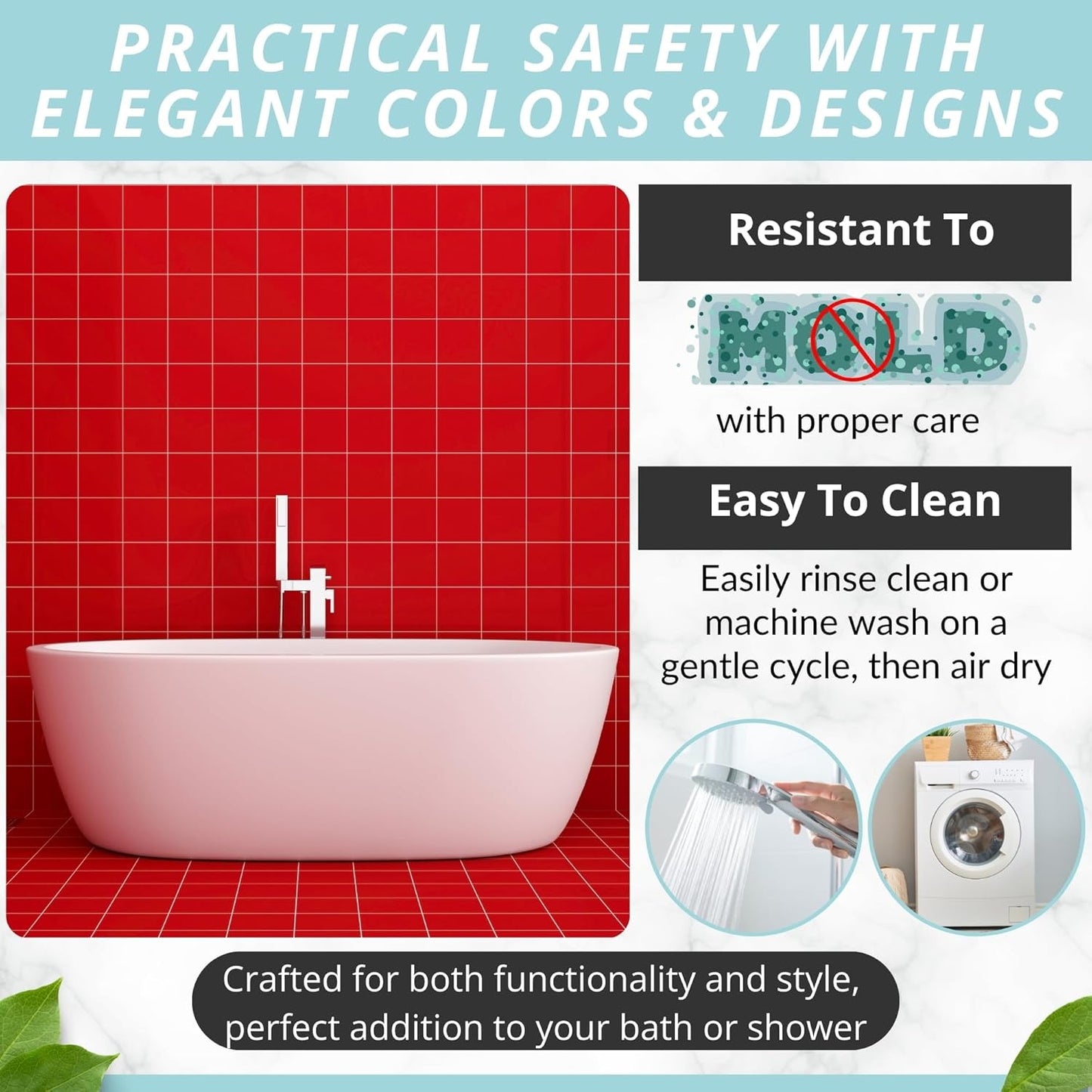 ENKOSI Non-Slip Bath Mat – Extra Long 40 x 16 Bathtub Shower Mat – Anti Slip Safe PVC Bathroom Tub Mat with Suction Cups & Drain Holes for Safety and Decor (40x16 Red)