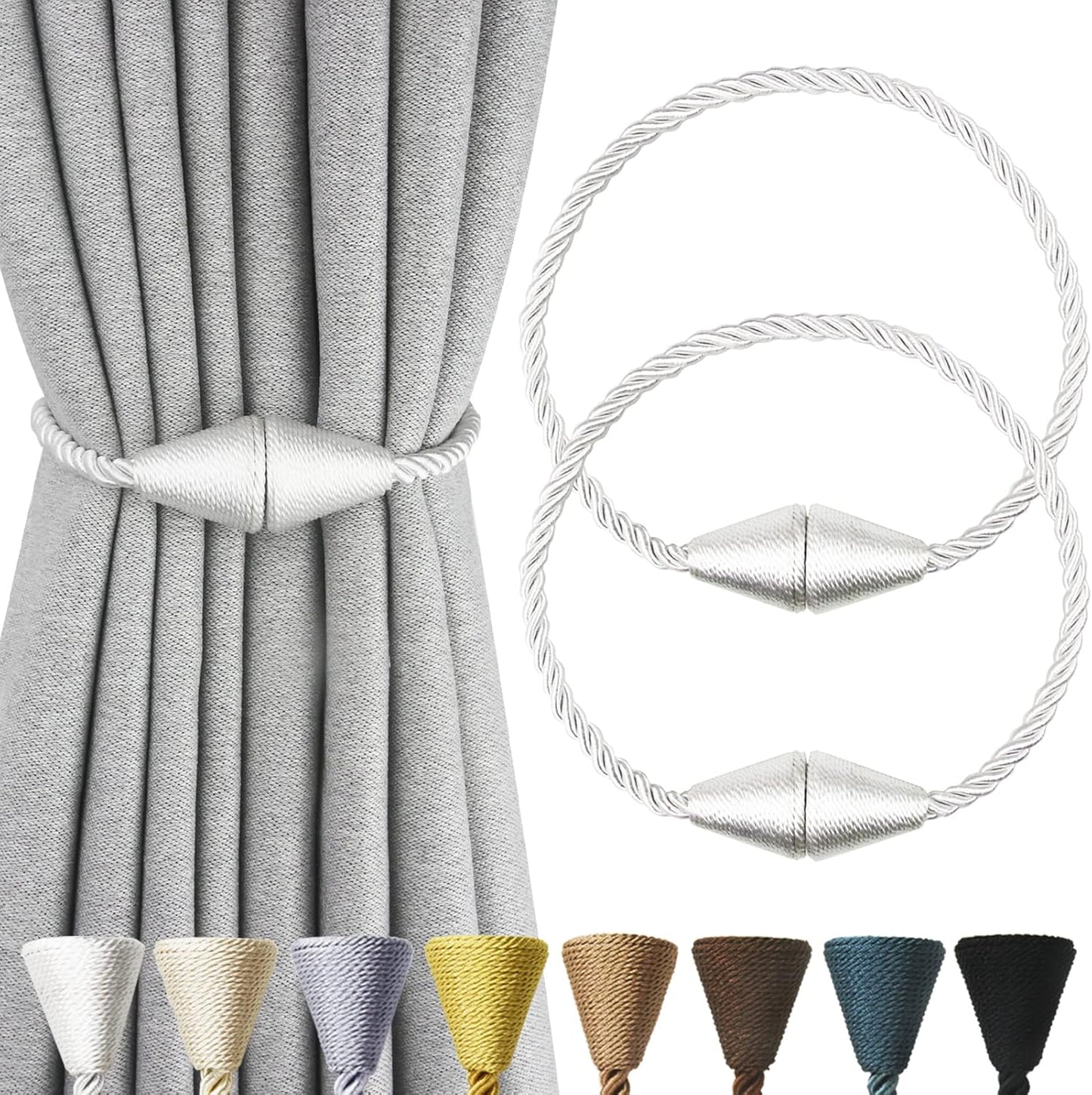 2 Pack Magnetic Curtain Tiebacks Rope Modern Handmade Curtain Tie Backs Decorative Drapes Weave Holdbacks for Window Décor, Silver