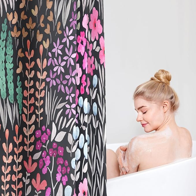 Small Stall Shower Curtain 36 x 72 Inch, Half Narrow Cute Floral Shower Curtain for Bathroom, Black Hot Pink Wildflower Boho Cottagecore Fabric Shower Curtain Set with Hooks