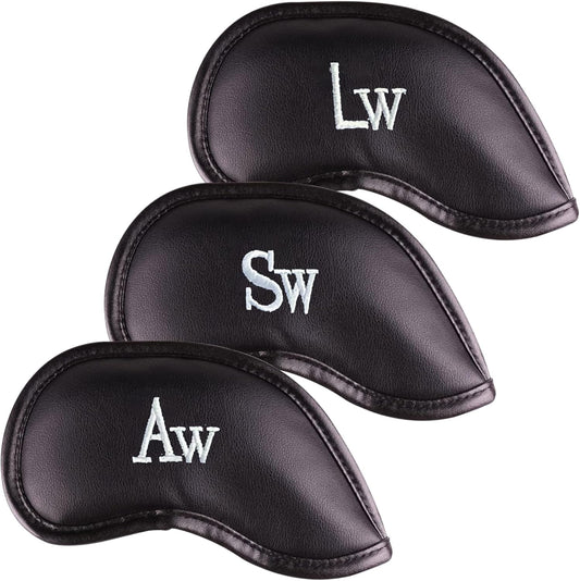 Premium Magnetic Leather Iron and Wedge Golf Club Head Covers | Set of 10 | Fits Most Clubs | Embroidered Club Label on Both Sides of Club Head Cover
