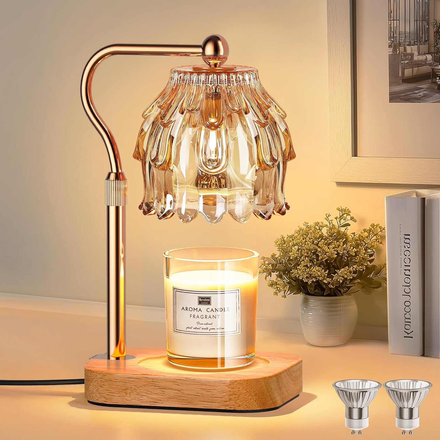 Candle Warmer Lamp with Timer Dimmer, Modern Wax Warmer for Scented Wax Jar Candle Warmer with 2 Bulbs, Adjustable Height Glass Lamp for Gifts for Women, House Warming Gifts, Home Decor, Gold Amber