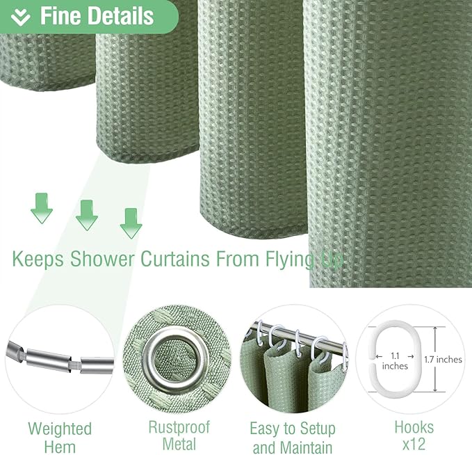 Dynamene Long Fabric Shower Curtain - 78 inch Waffle Weave Heavy Duty Cloth Shower Curtains for Bathroom, Neutral Weighted Hotel Spa Luxury Bath Curtain Set with 12 Plastic Hooks,72x78, Sage Green