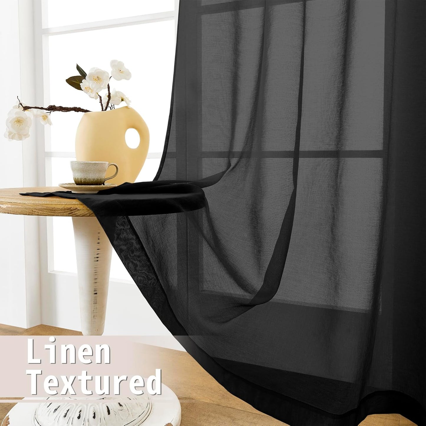 Tollpiz Sheer Curtain Closet Linen Textured Curtain Sheers Doorway Light Filtering Voile French Door Rod Pocket Curtains Patio Glass Door, 25 x 80 inches Long, Black, Set of 1 Panel