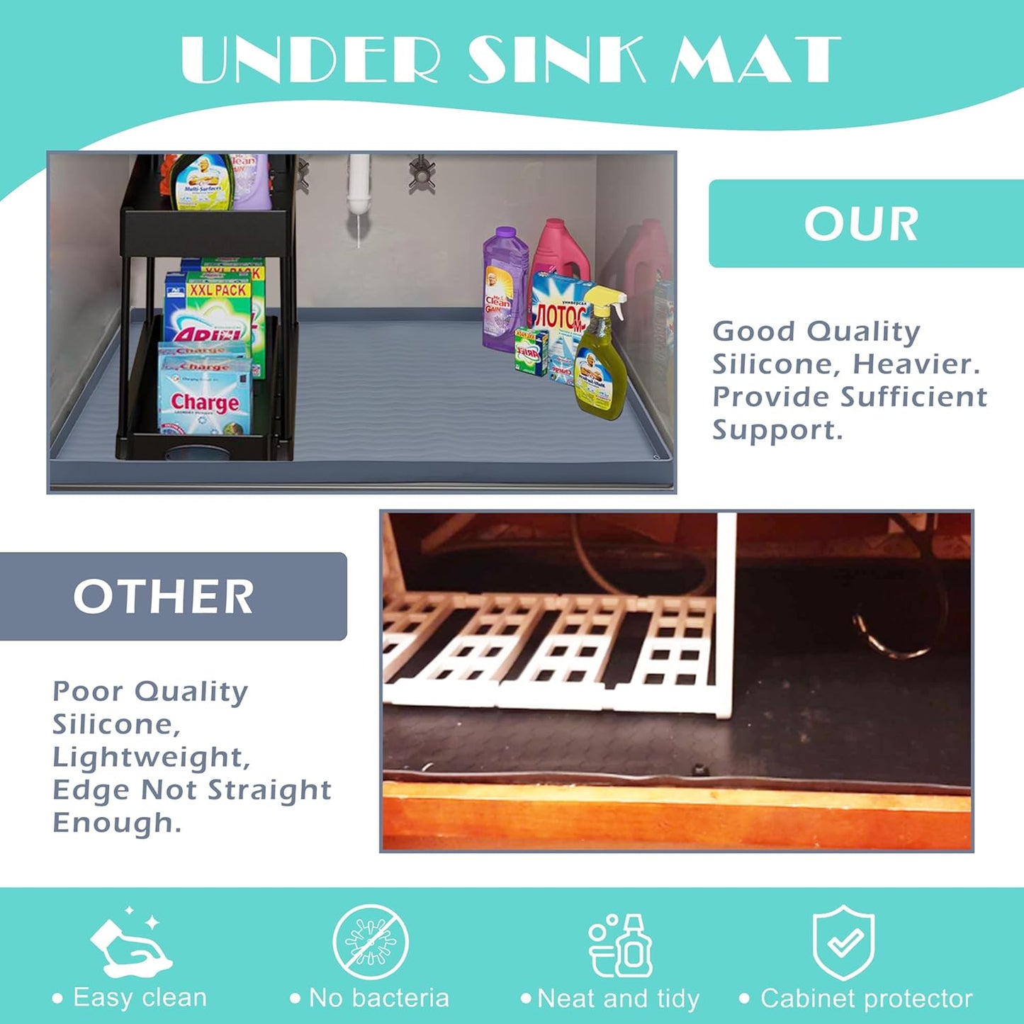 URMONA Waterproof Silicone Under Sink Mat 31'' x 22'' Shelf Liner for Kitchen and Bathroom, Cabinet and Counter Protector, Storage and Organizers, Litter Mat, Pet Cat Puppy Essentials(Dark Grey)