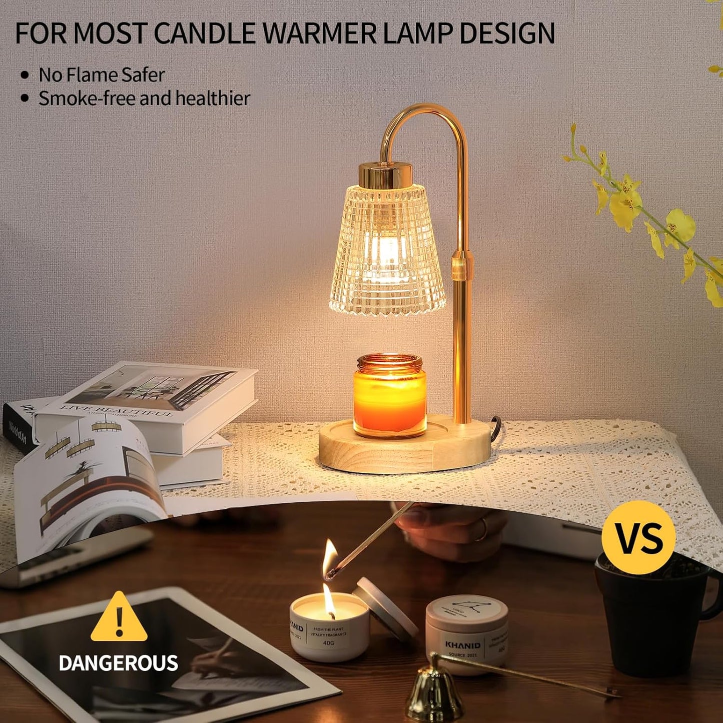 Gold Candle Warmer Lamp with Timer and Dimmer,Fragrance Electric Wax Melt Warmer with 2 Bulbs,Scented Jar Lamp,Mother's Day/Birthday/Christmas Gifts for Mom/Wife,Home Decor,Adjustable Height