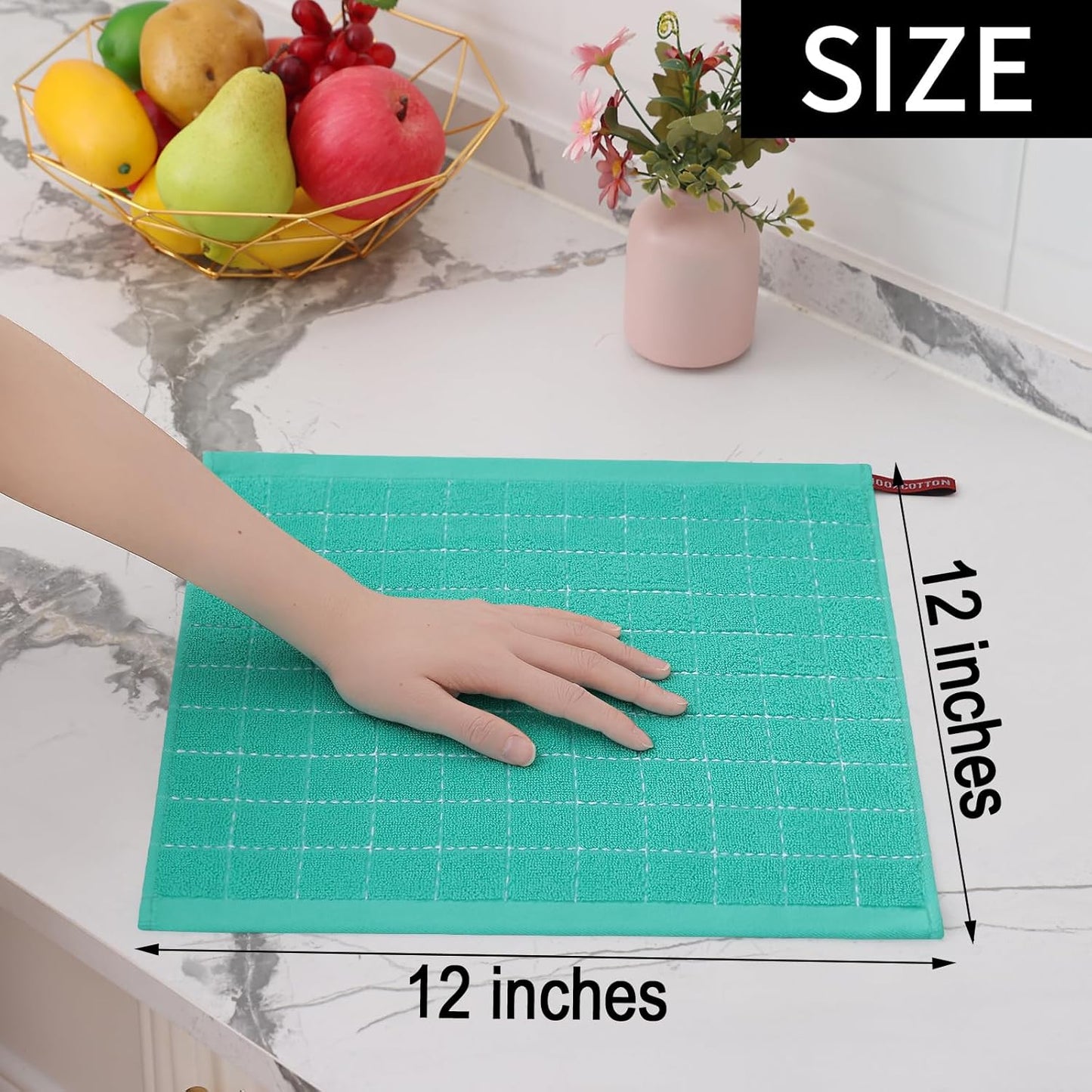 Homaxy 100% Cotton Terry Kitchen Dish Cloths, Ultra Soft and Absorbent Dish Towels for Kitchen, Suitable for Drying and Washing Dishes, 12 Pack, 12 x 12 Inches, Turquoise