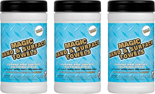Magic Heavy Duty Cleaning Wipes - Dual Sided Hand & Surface Shop Towels | Professional-grade Cleaning | Waterless | Moisturizing | Cleans Grease, Oil, Dirt, & more (3 Pack | 75 Sheets Total)