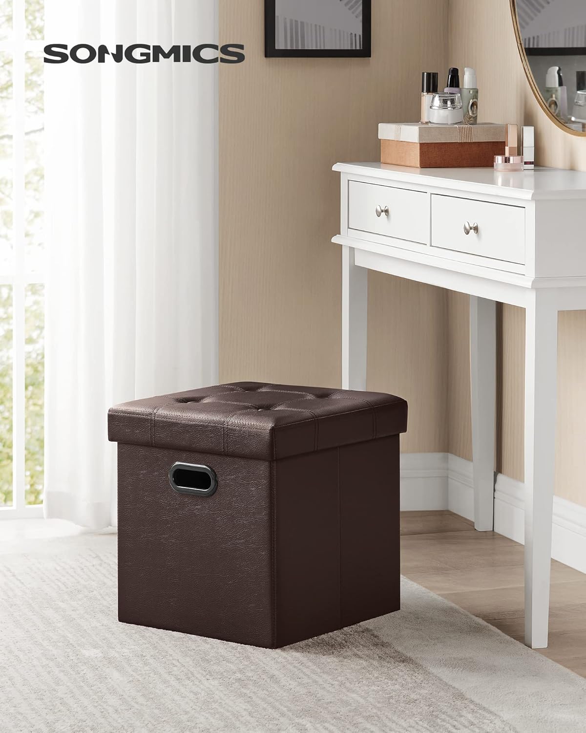 SONGMICS MAZIE Collection - 15 Inches Ottoman with Storage, Footstool, Storage Ottoman with Metal Grommet Handles, Load 660 lb, for Dorm, Living Room, Bedroom, Synthetic Leather, Brown ULSF30Z
