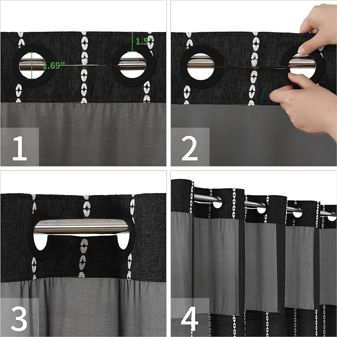 No Hook Stall Shower Curtain with Snap-in Fabric Liner - 54x80 Heavy-Duty Linen Textured Striped Design,Narrow Rustic Modern Farmhouse Bohemian Bathroom Curtain,Water-Repellent,Black