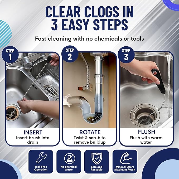 22" Long Sink Drain Cleaning Brush by FryOilSaver Co., Clog Remover for Small Spaces Perfect for Unclogging Sink, Toilet & Shower Drain, Drain Snake Hair Clog Remover, Tiny Pipe Cleaning Brush - B113C