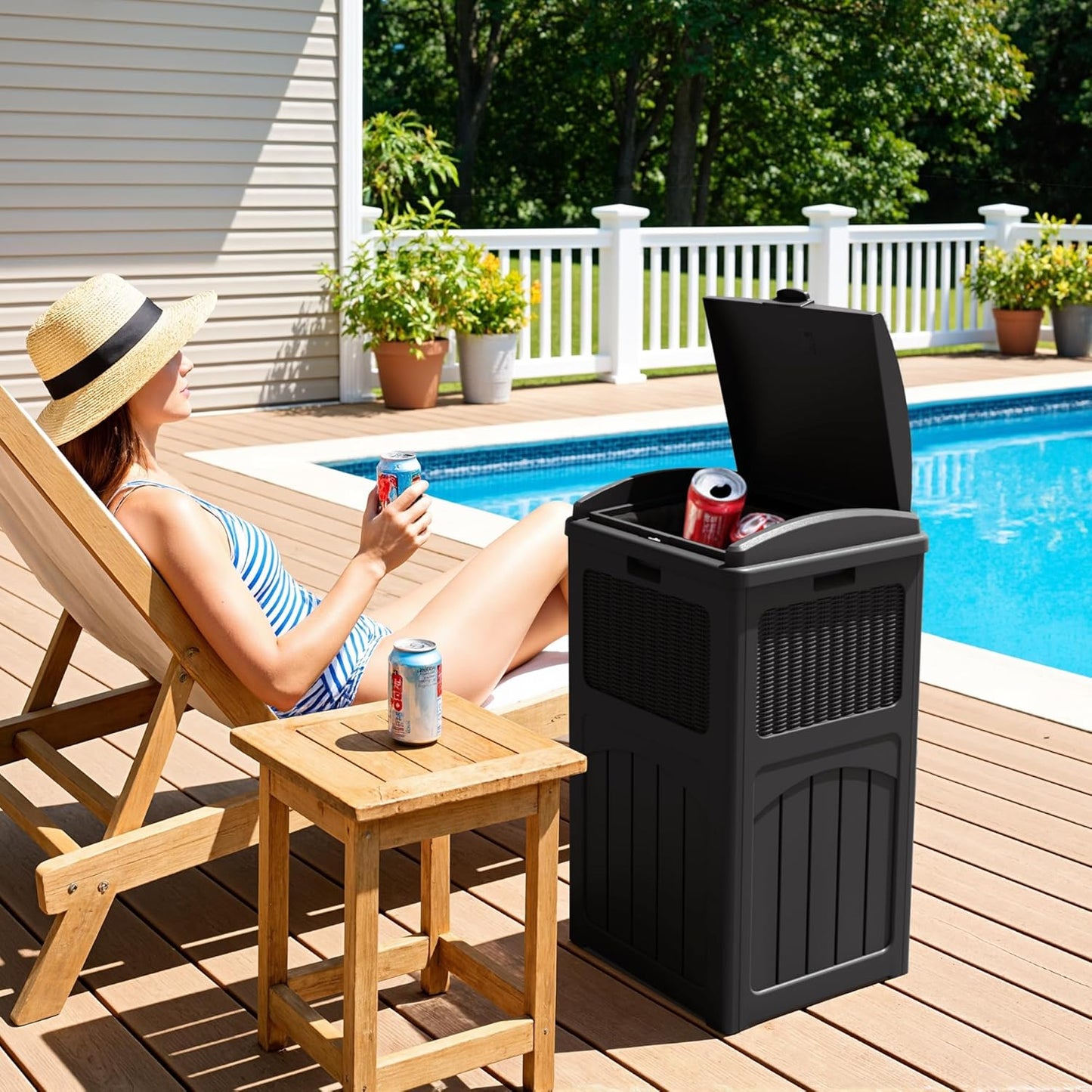 Greesum 33 Gallon Outdoor Trash Can with Lid, Waterproof Resin Garbage Bin for Hideaway, Deck, Patio, Dark Black