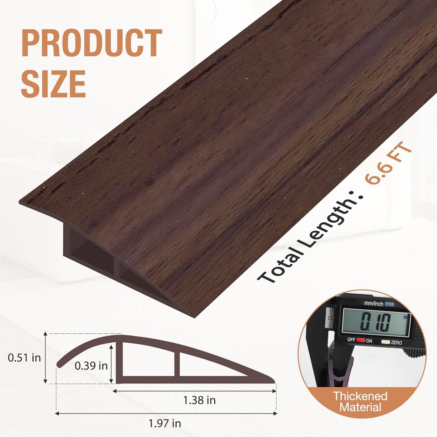 Floor Transition Strip Self Adhesive Vinyl Door Threshold for Doorways Carpet Edging Trim Overlap Edge Reducer for Laminate Floor, Carpet, Tile (Deep Brown Wood Grain, 1/5" to 2/5", 6.6Ft)