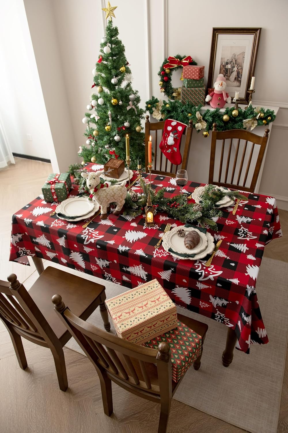 Waterproof Checkered Tablecloth Fabric - Rectangle 58x84 Inch Christmas Tree Table Cloth for Indoor/Outdoor Use - Xmas Table Cover for Kitchen, BBQs, and Parties