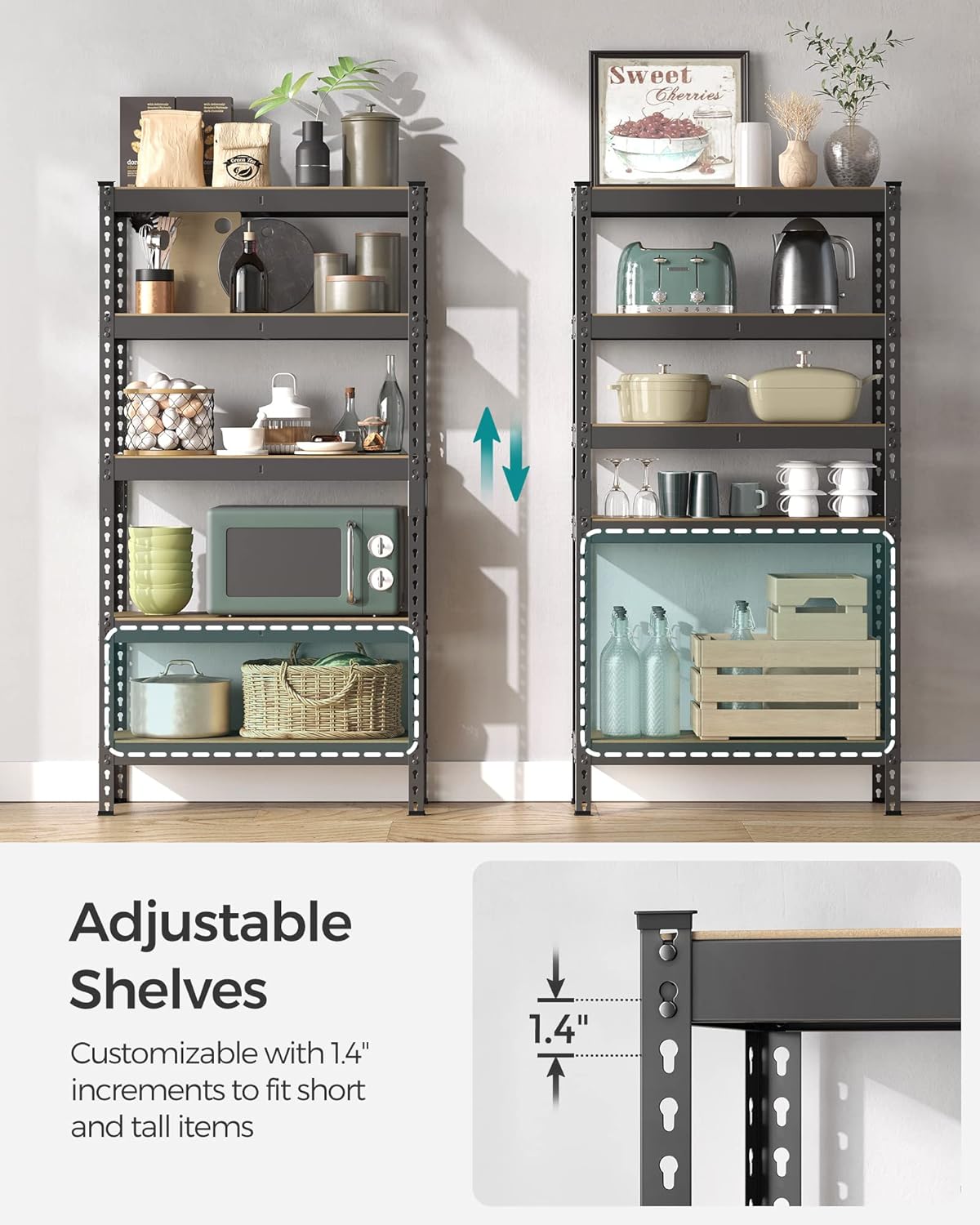SONGMICS 5-Tier Storage Shelves, Load 2310 lb, Set of 2 Garage Storage, Boltless Assembly, Adjustable Shelving Unit, 11.8 x 29.5 x 59.1 Inches, for Study Shed Basement, Black UGLR300B02