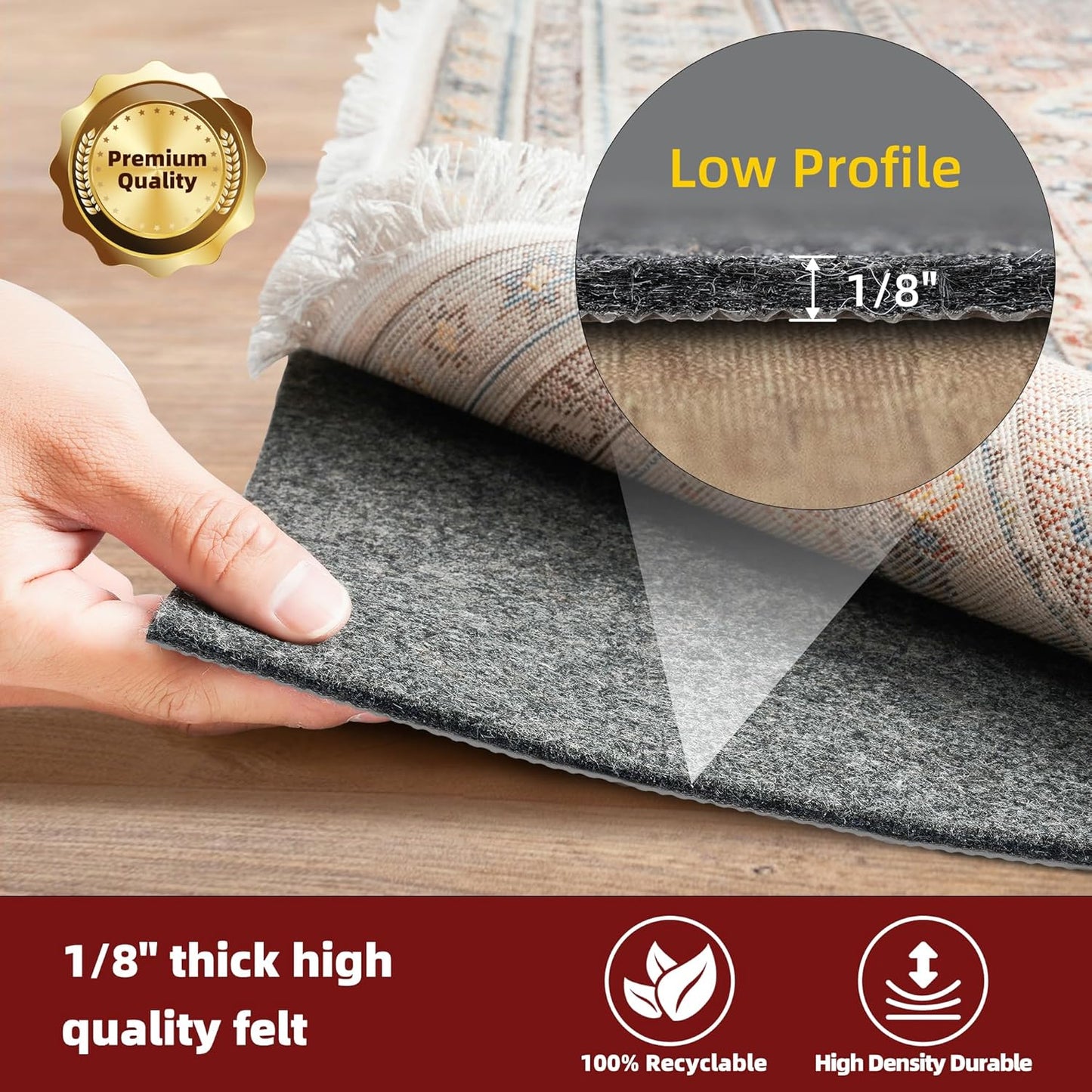 BAGAIL Felt and Natural Rubber Backing Rug Pads 1/8” Thick, 8 x 11 Ft Non Slip Rug Gripper Keep Rugs in Place, Under Area Rug Protective Cushioned Pads, Carpet Runners, Hardwood Floors Protection