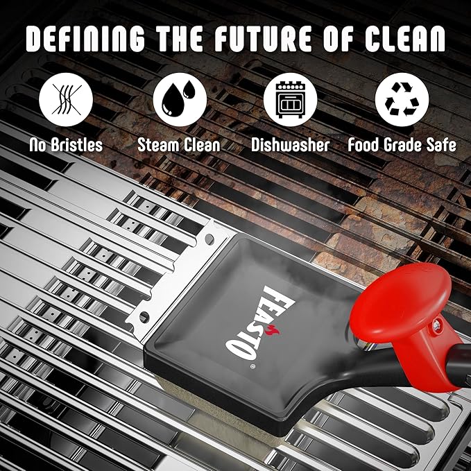 Grill Brush with Steam and 2 Replacement Brush Heads, 6-in-1 Bristle-Free with Interwoven-Tech & Thermal-Sensitive Sponge, Stainless Steel Scraper, 360° Rotating Knob, Bottle Opener