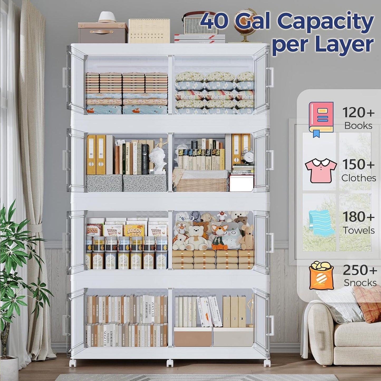 200GAL Extra Large Storage Bins with Lid, 800Qt Stackable Closet Organizers and Drawers, Collapsible Storage Bins with Wheels, Folding Storages Cabinet for Home Bedroom Office, 5Pack White
