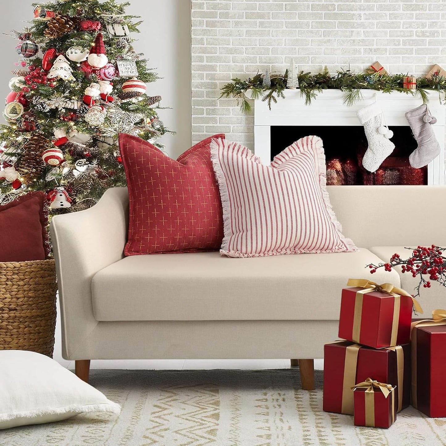 ZWJD Christmas Pillow Covers 18x18 Set of 2 Soft Polyester Textured Pillows with Stylish Flange Edge Cozy Farmhouse Christmas Decor for Couch Bed Sofa Living Room (Red)