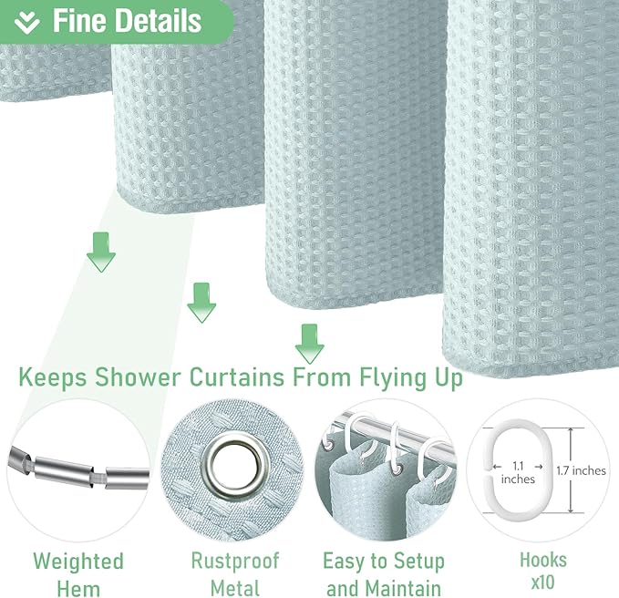 Dynamene Stall Fabric Shower Curtain - 54x78 inch Long Waffle Weave Weighted Thick Cloth Shower Curtains for Bathroom,Heavy Duty Hotel Spa Luxury Bath Curtain Set with 10 Plastic Hooks, Fog Blue