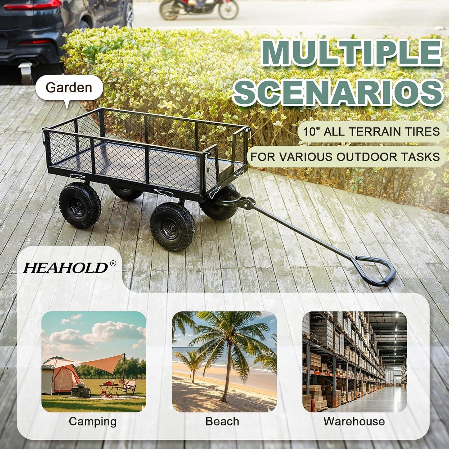 Garden Wagon Cart Heavy Duty 880 LBS Steel Utility Cart with All-Terrains 3.50-4" Solid Wheels 10" Tires, 180° Rotating Handle, Removable Sides, Laser-Welded Frame & Multi-Surface
