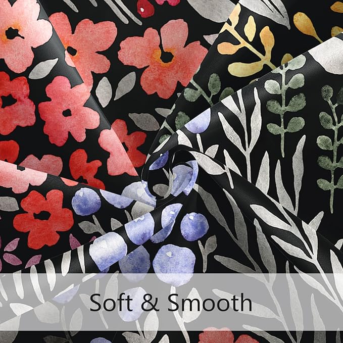 Long Shower Curtain 72 x 78 Inch, Tall Cute Floral Shower Curtain for Bathroom, Colorful Wildflower Boho Cottagecore Fabric Shower Curtain Set with Hooks, Black
