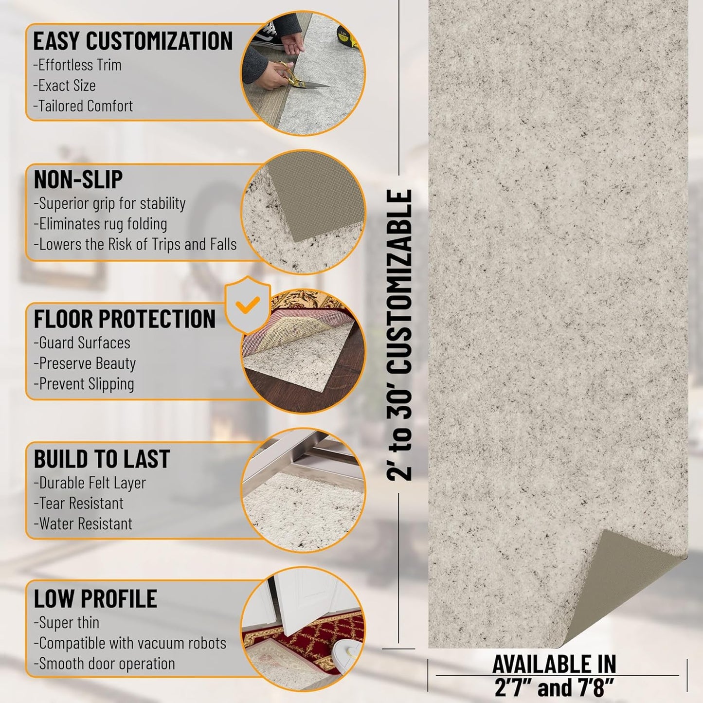 Ottomanson 5' x 7'8" Non-Slip Rug Pad Gripper 1/12 Inch Ultra Thin Dual Surface Felt + Rubber Gripper - Safe for All Floors, Cream