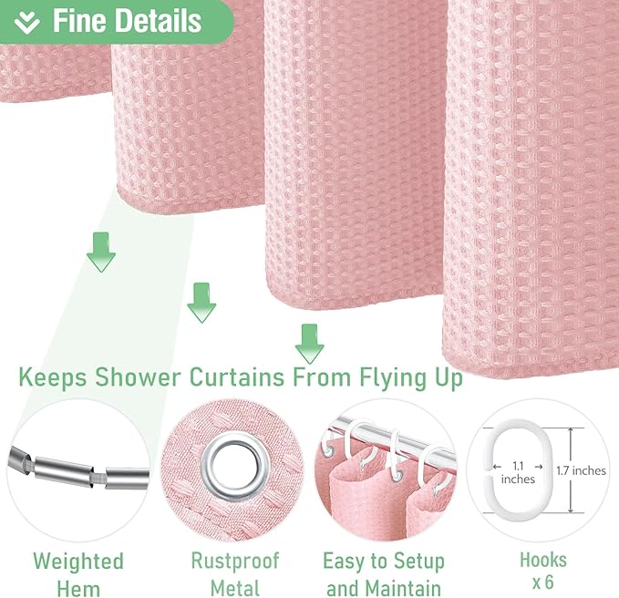 Dynamene Stall Fabric Shower Curtain - 36x72 Waffle Weave Weighted Cloth Shower Curtains for Bathroom, Neutral Heavy Duty Hotel Spa Luxury Bath Curtain Set with 6 Plastic Hooks, Pink