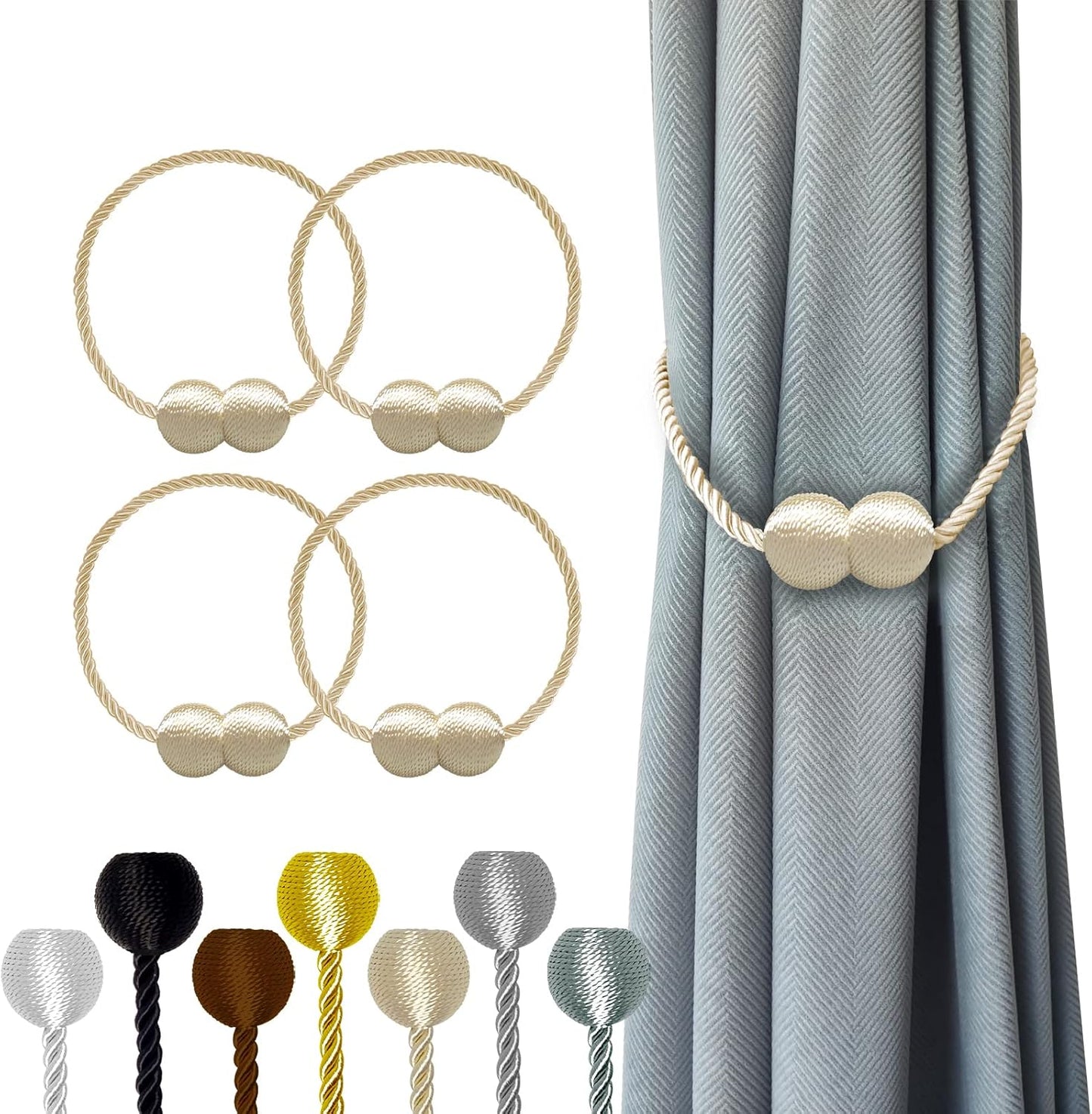 Hion Magnetic Curtain Tiebacks Beige 4 Pack, Curtain Tiebacks Buckles Holdbacks Holders Hooks Clip for Home Bedroom Office Decorative Thick or Thin Curtain