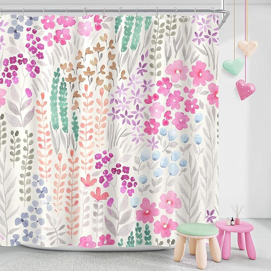 Extra Long Shower Curtain 72 x 96 Inch, Floor to Ceiling X-Long Tall Cute Floral Shower Curtain for Bathroom, Hot Pink Wildflower Boho Cottagecore Fabric Shower Curtain Set with Hooks