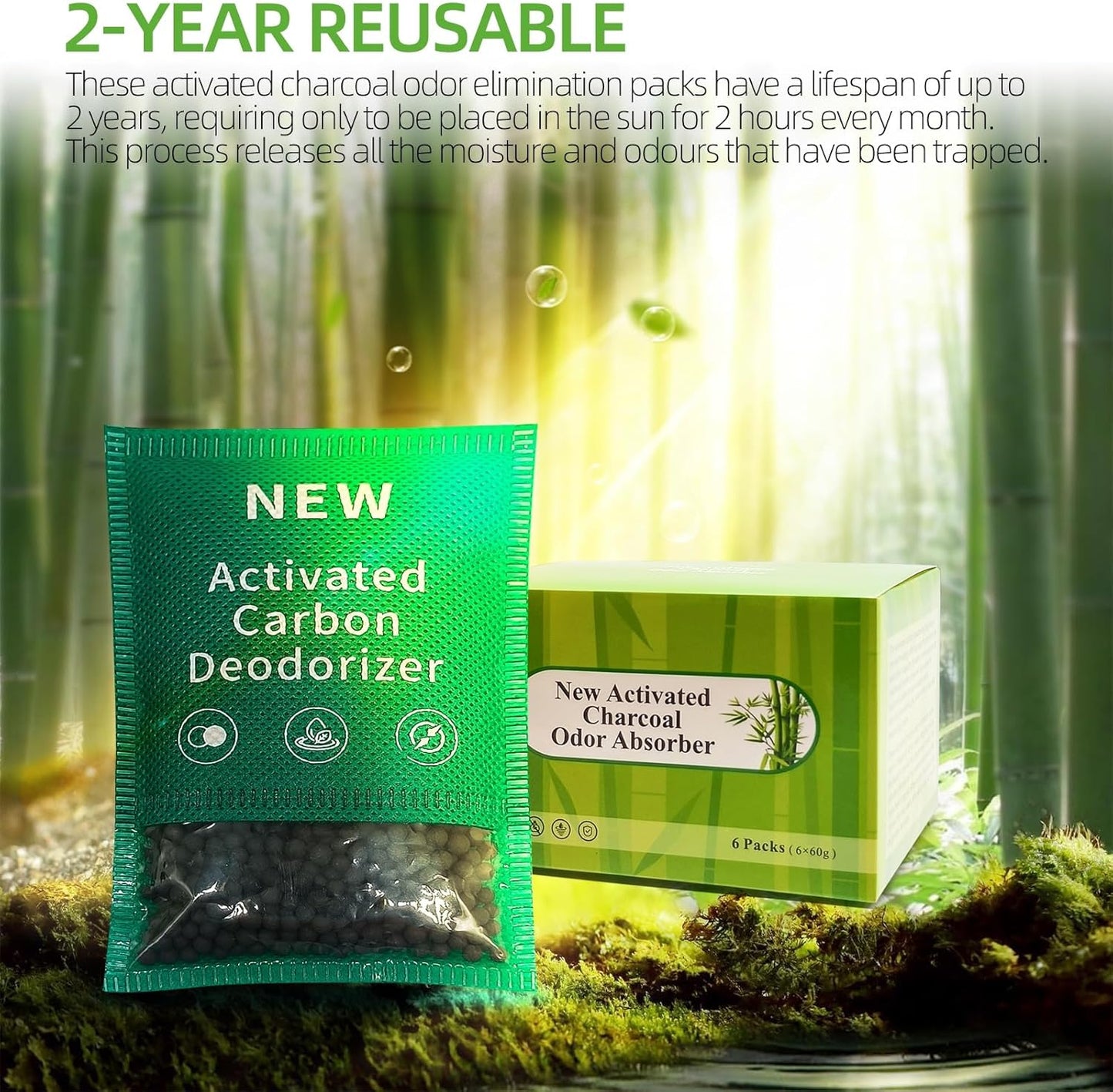 6 Pack New Type Activated Charcoal Odor Absorber,Refrigerator Deodorizer,Trash Can Deodorizer,Odor Eliminator for Home,Pet,Car,60g/Pack