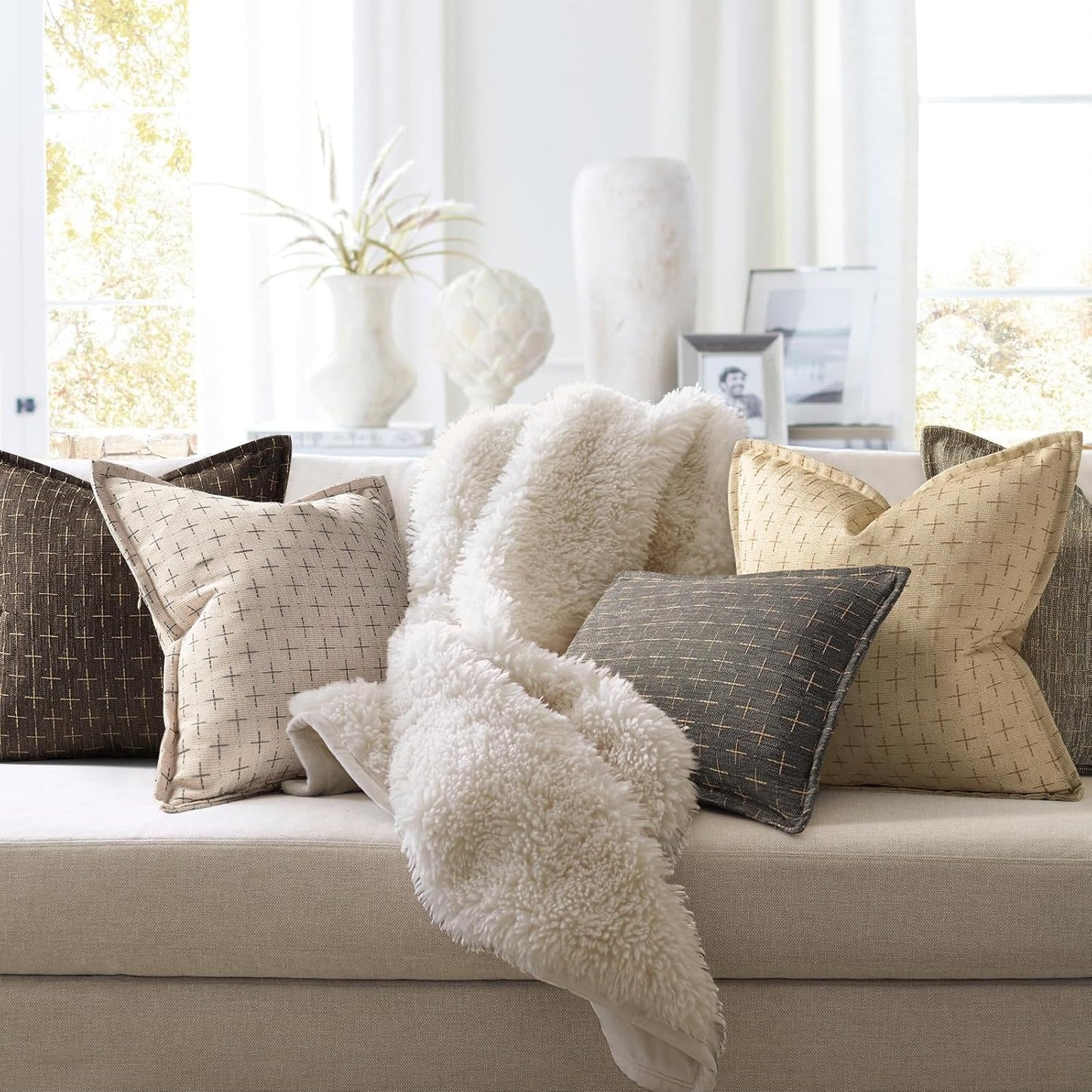 ZWJD 12x20 Pillow Covers Set of 2 Soft Polyester Textured Pillow Covers with Stylish Flange Edge Cozy Farmhouse Throw Pillows for Couch Bed Sofa Living Room