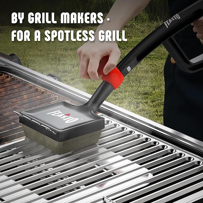 Grill Brush with Steam and 2 Replacement Brush Heads, 6-in-1 Bristle-Free with Interwoven-Tech & Thermal-Sensitive Sponge, Stainless Steel Scraper, 360° Rotating Knob, Bottle Opener