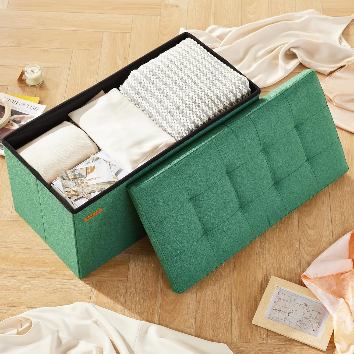 HAUSFRAU - 30 Inches Storage Ottoman Bench with Flipping Lid, Foldable Storage Chest Foot Rest for Living Room, Bedroom, Entryway, Load 660 lb, Linen Green