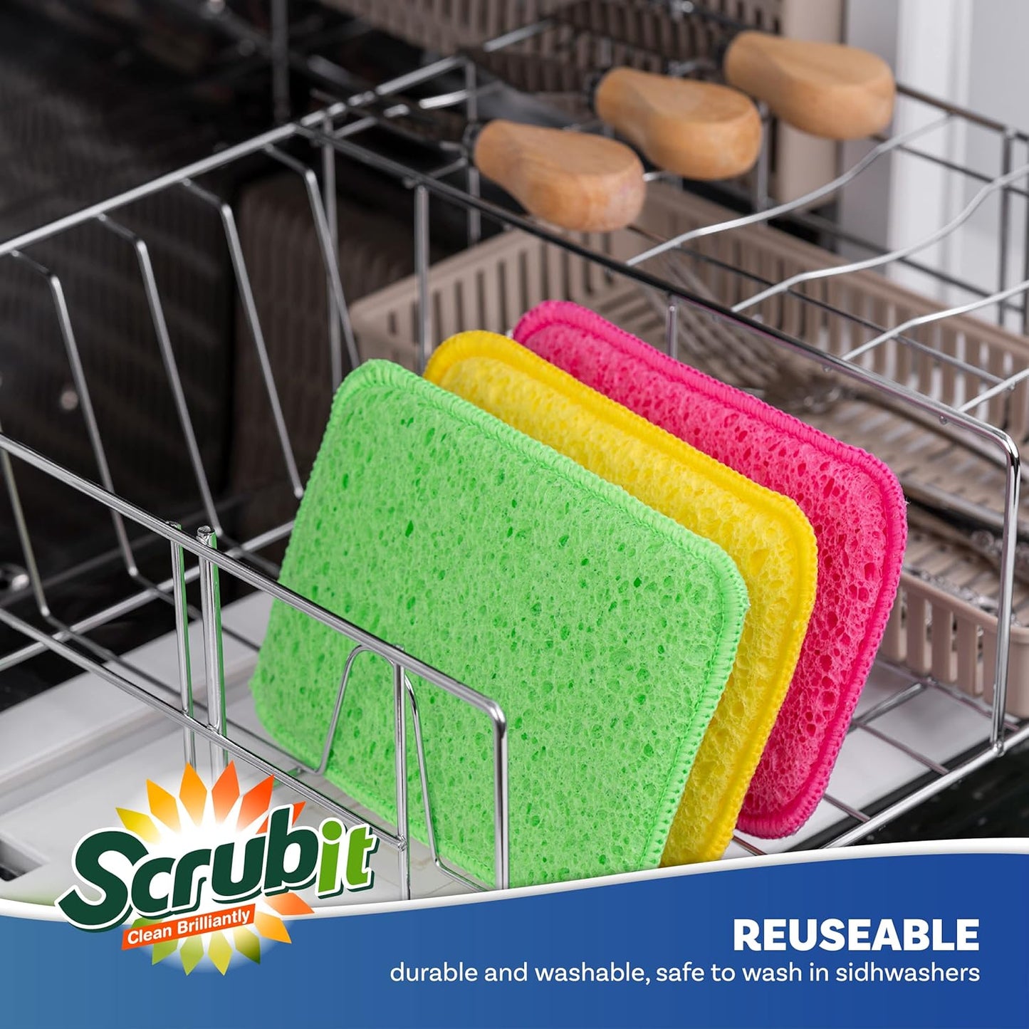 Scrub and Wipe Cleaning Sponges [10 Pack] – SCRUBIT Dual Sided Scouring Pad and Sponge - Reusable Kitchen Scrubbing Sponges for Dishes, Pots, Pans Utensils & Non-Stick Cookware (Blue)