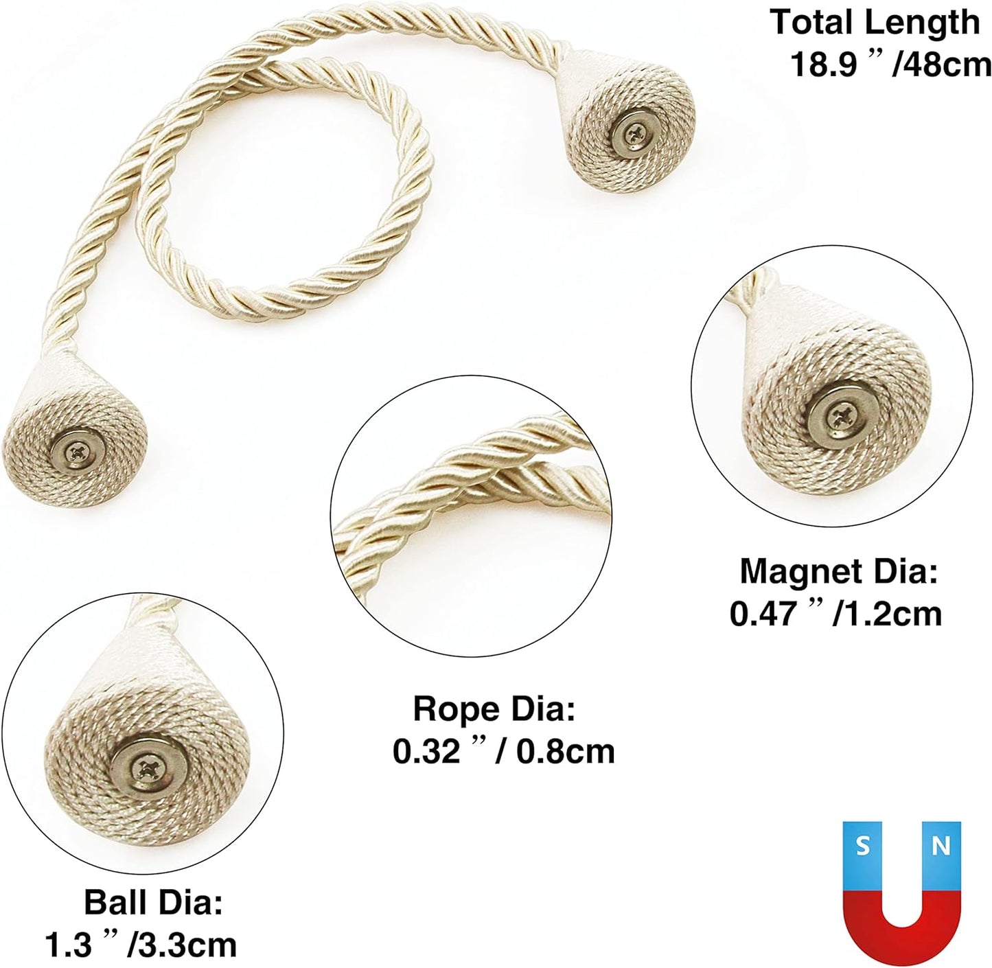 2 Pack Magnetic Curtain Tiebacks Rope Modern Handmade Curtain Tie Backs Decorative Drapes Weave Holdbacks for Window Décor, Beige