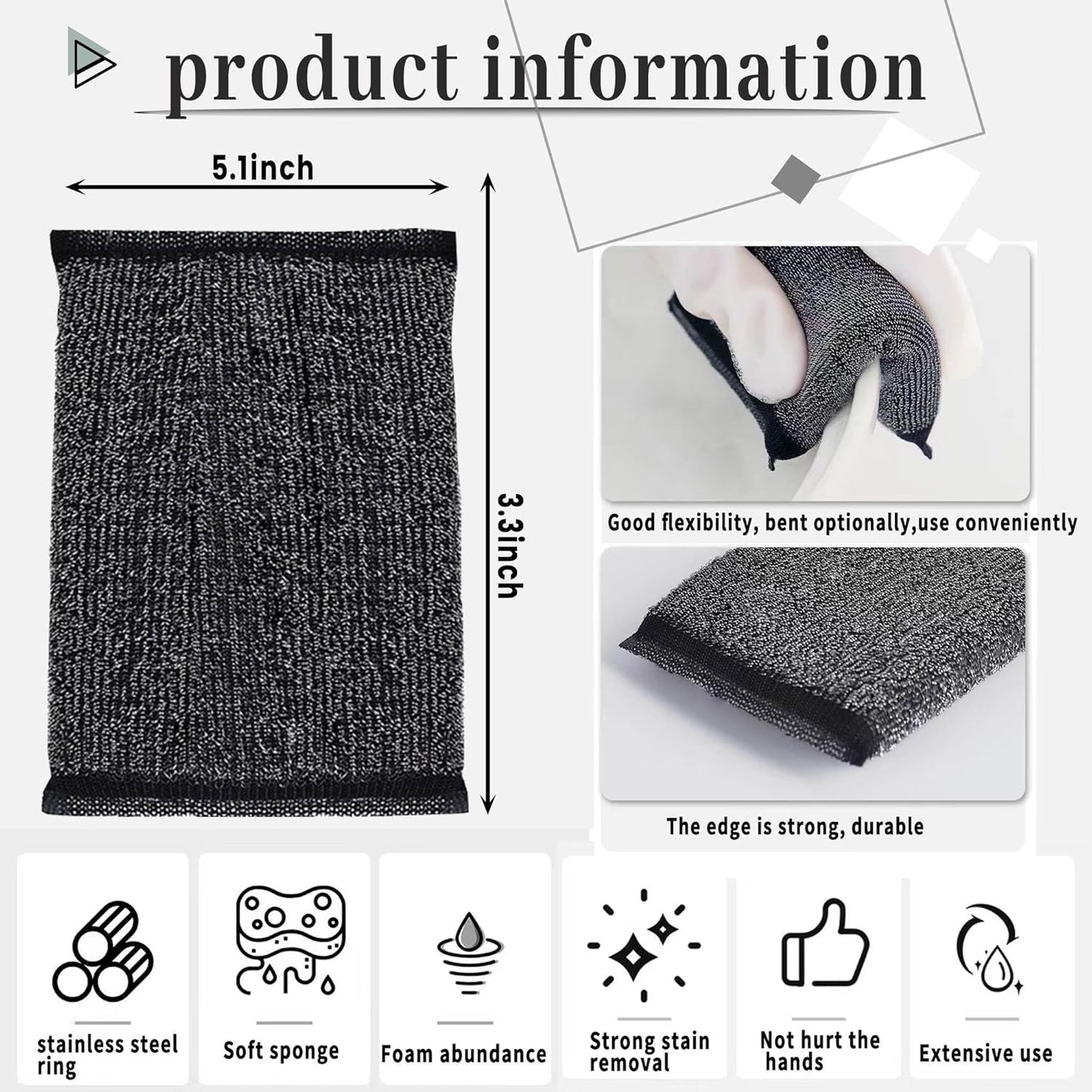 Steel Wool Scrubber Dish Sponges - Kitchen Scrubbing Pads Pot Scrubber for Kitchen Non Scratch, Soft and Fast sponges for Cleaning (6 Pack)