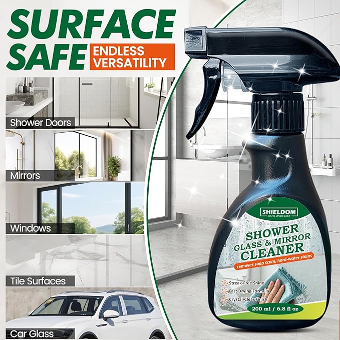 Shower Glass Cleaner, Glass Window & Mirror Cleaning Hard Water Stains Remover Removes Soap Scum/Water Spot/Fingerprint/Dirt with Squeegee & Towel for a Streak-Free Shine 6.8fl oz/200ml