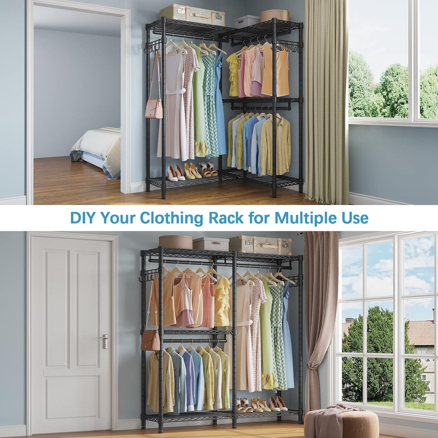 VIPEK L4 Garment Rack L Shaped Clothes Rack for Corner, Freestanding Portable Wardrobe Closet Heavy Duty Clothing Rack with 3 Hanging Rods & 2 Side Hooks, 43.3"Lx29.1"Wx76.4"H, Max Load 810LBS, Black