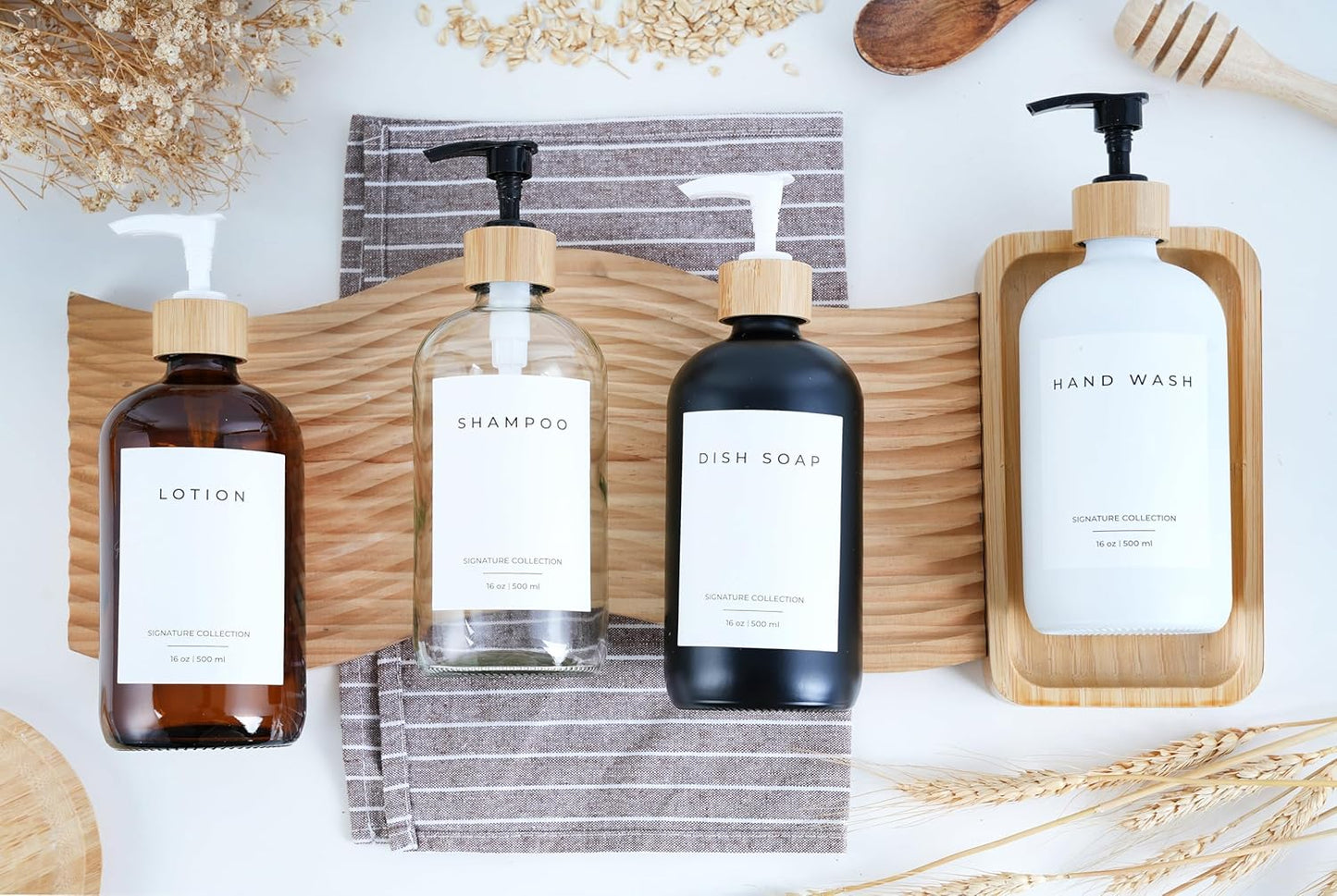 Emerson Soap Dispenser, Dish Soap Dispenser for Kitchen, Soap Dispenser Bathroom Set, Hand Soap Dispenser, Kitchen Soap Dispenser Set - Glass Soap Dispenser with Pump and Labels, 16 Oz, 2 Pack