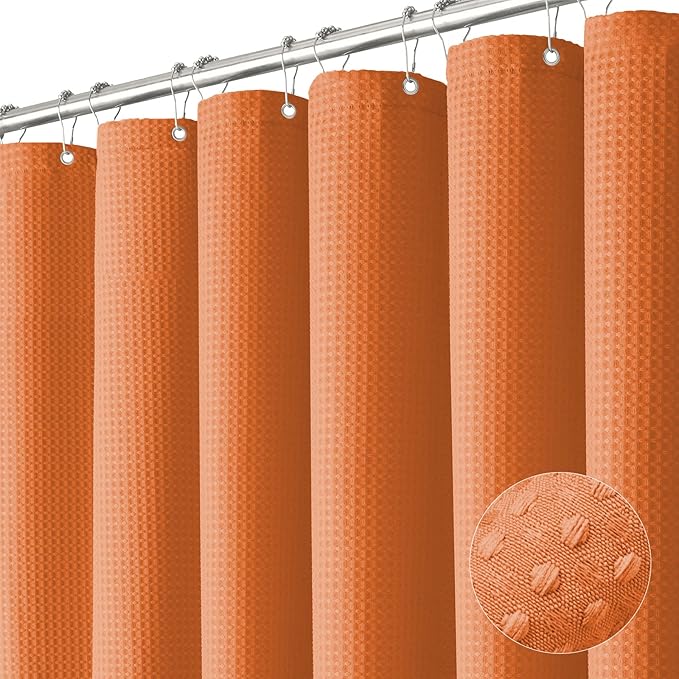 Dynamene Extra Long Shower Curtain - 96 Inch Long Waffle Weave Weighted Thick Cloth Bathroom Shower Curtain, Neutral Heavy Duty Hotel Bath Curtain Set with 12 Plastic Hooks,72x96, Burnt Orange
