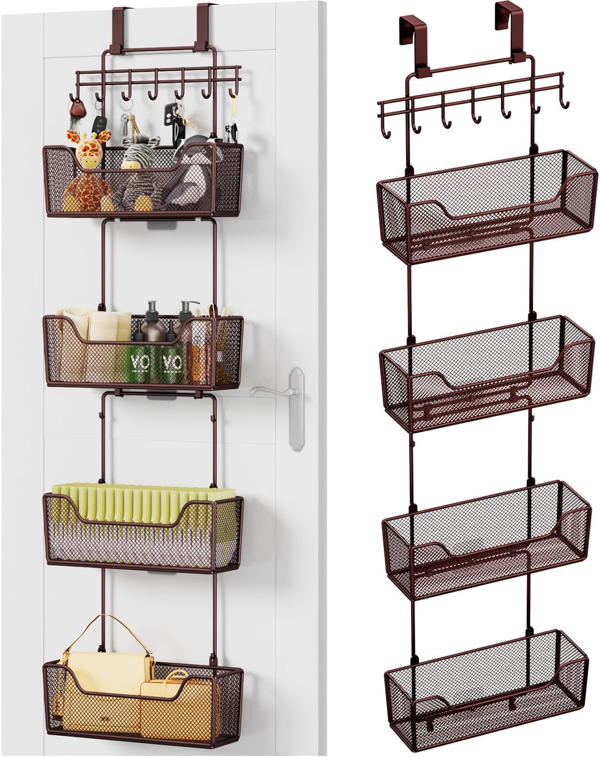 HapiRm Over The Door Organizer - Hanging Door Organizer with 4 Metal Large Capacity Baskets and Adjustable Coat Hook for Bathroom Bedroom Kitchen Pantry Closet Cabinet
