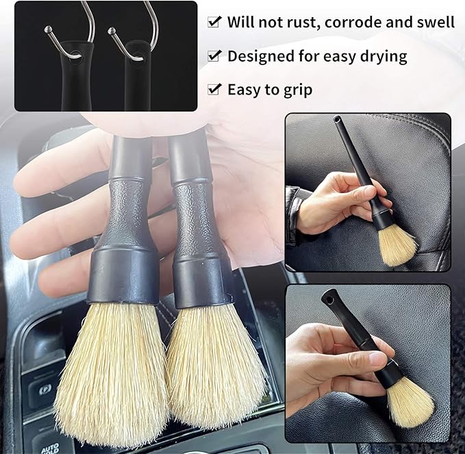 Car Detailing Brush Kit - Auto Detail Brush Set Interior Exterior No Scratch Boar Hair Detailing Supplies for Cleaning Air Vent Engine Bay Dashboard Seat Wheel(2 Pack)