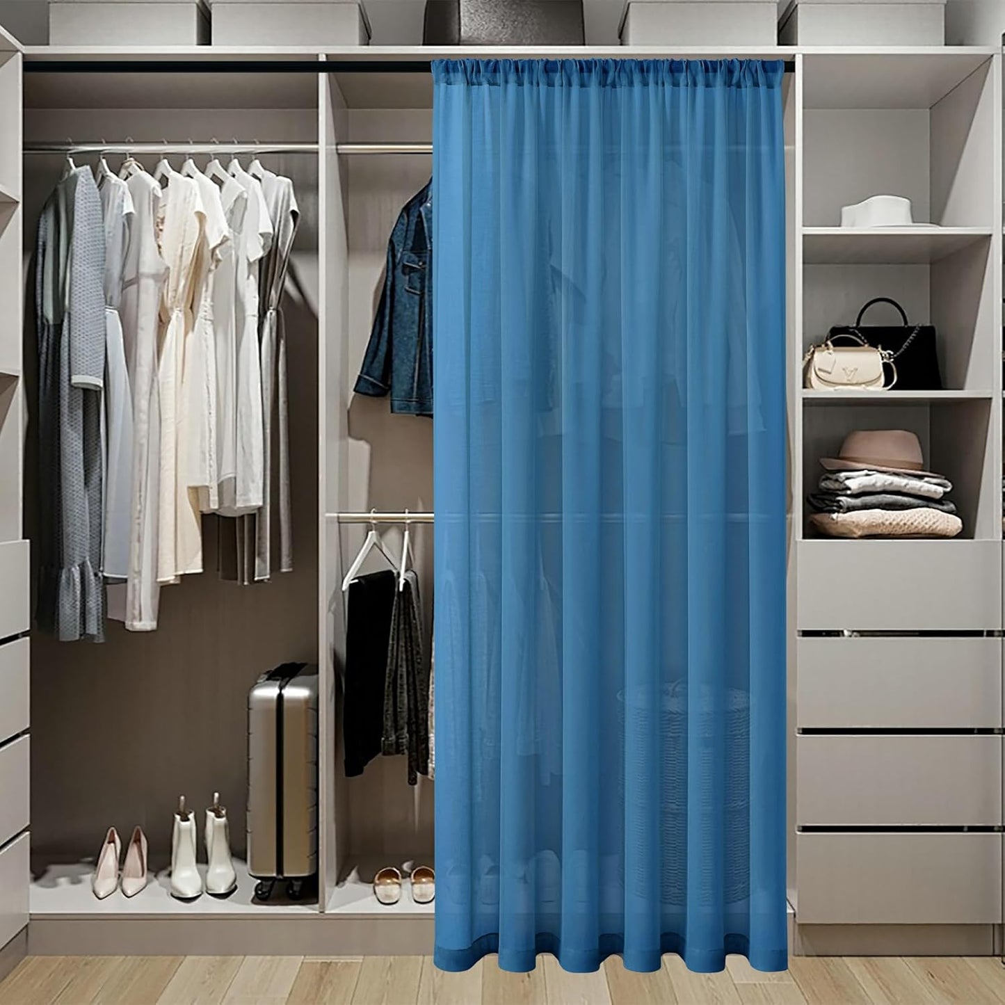 Tollpiz Short Sheer Door Curtains Closet Linen Textured Curtains Sheer Doorway Light Filtering Voile Patio Glass Door Rod Pocket Curtain French Door, 54 x 40 inches Long, Classic Blue, Set of 1 Panel