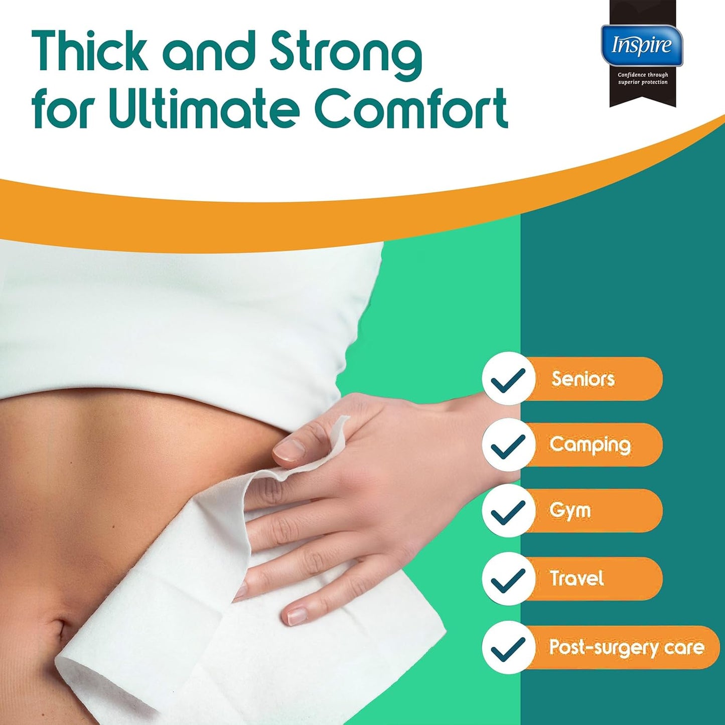 Inspire Ultra Thick Rinse Free Body Wipes, Bathing Wipes, Rinse Free Wet Wipes, Thick Strong Extra Large With Aloe Vera Enriched