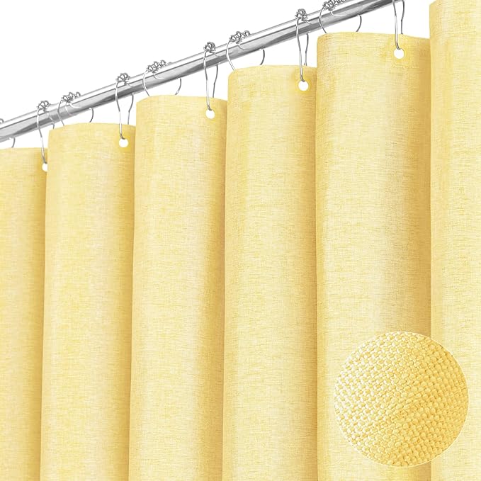 BTTN Fabric Shower Curtain, Linen Textured Heavy Duty Polyester Cloth Shower Curtain Set with Plastic Hooks, Yellow, 72" W x 96" L (Pack of 1)