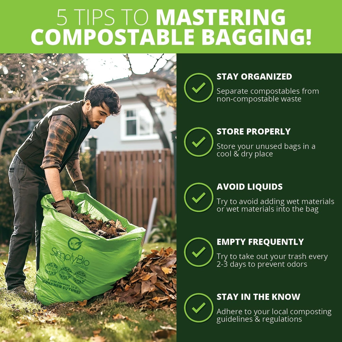 Simply Bio 60-65 Gallon Compostable Trash Bags Liners Flat-Top, Heavy Duty Extra Thick 2 Mil, 242.27 Liter, 12 Bags, Lawn, Yard, and Restaurant Use, ASTM D6400, US BPI, OK Compost Home Certified