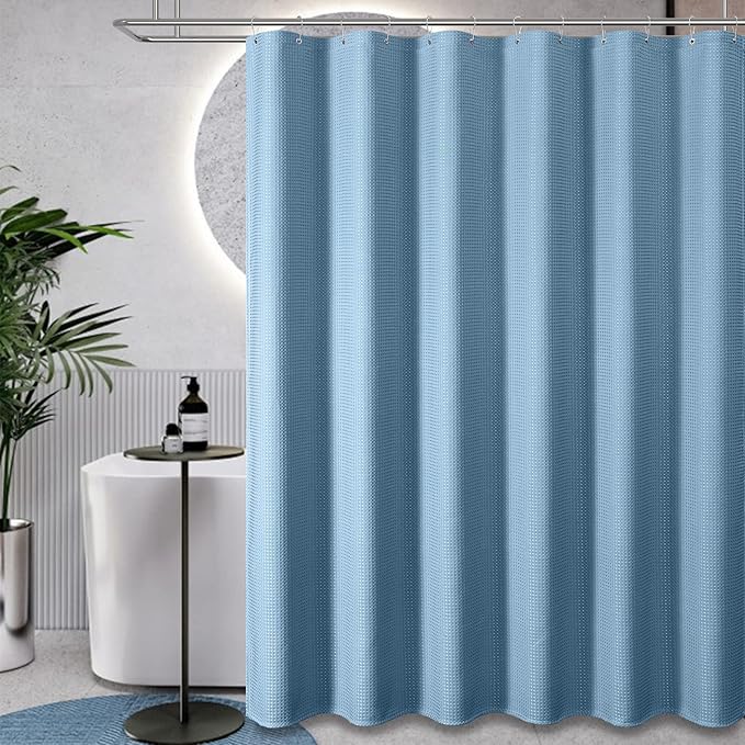 Dynamene Stall Fabric Shower Curtain - 54x78 inch Long Waffle Weave Weighted Thick Cloth Shower Curtains for Bathroom,Heavy Duty Hotel Spa Luxury Bath Curtain Set with 10 Plastic Hook, Moonlight Blue