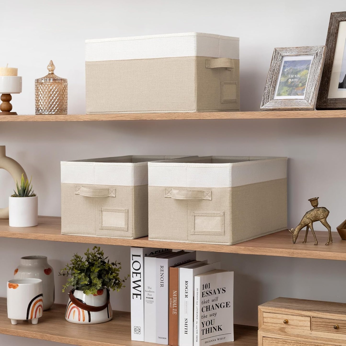 GRANNY SAYS Storage Baskets for Organizing, Fabric Storage Bins for Shelves, Closet Storage Boxs, Clothing Storage and Organization, Decorative Storage Bins, Khaki&Ivory, Large, 3-Pack