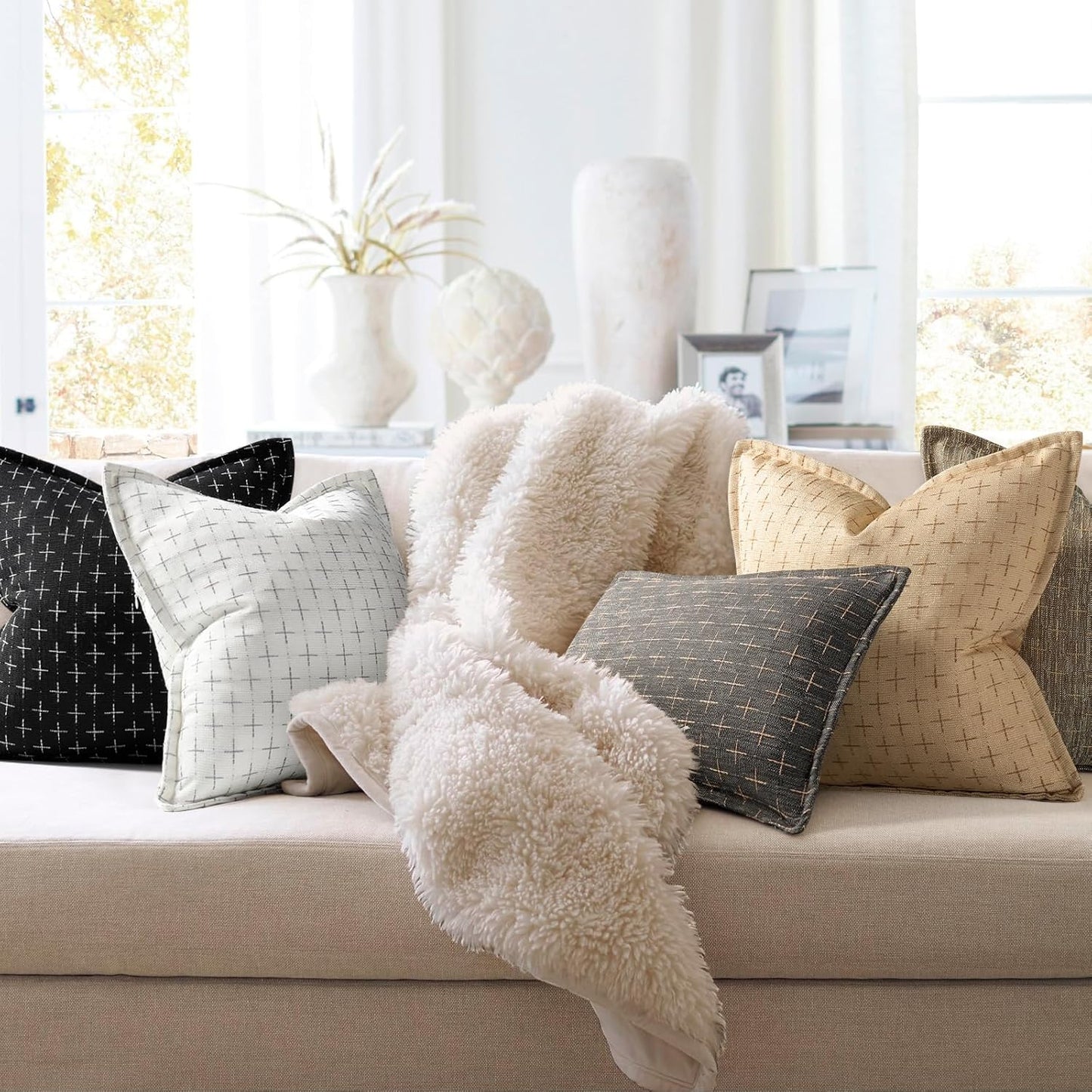 ZWJD Pillow Covers 16x16 Set of 2 Soft Polyester Textured Pillow Covers with Stylish Flange Edge Cozy Farmhouse Throw Pillows for Couch Bed Sofa Living Room