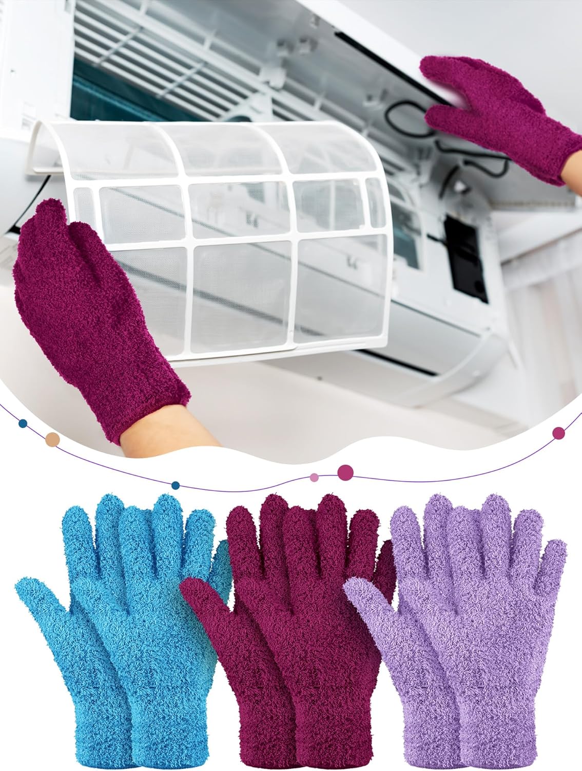 Patelai 3 Pairs Microfiber Plant Dusting Gloves Leaf Cleaning Gloves for Indoor Plants, Blinds, Furniture, House(Medium,Reddish Violet, Blue, Purple)